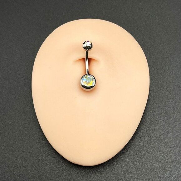 316L Stainless Steel with Iridescent AB Cubic Zirconia 14G Barbell Belly Ring - Picture 6 of 7